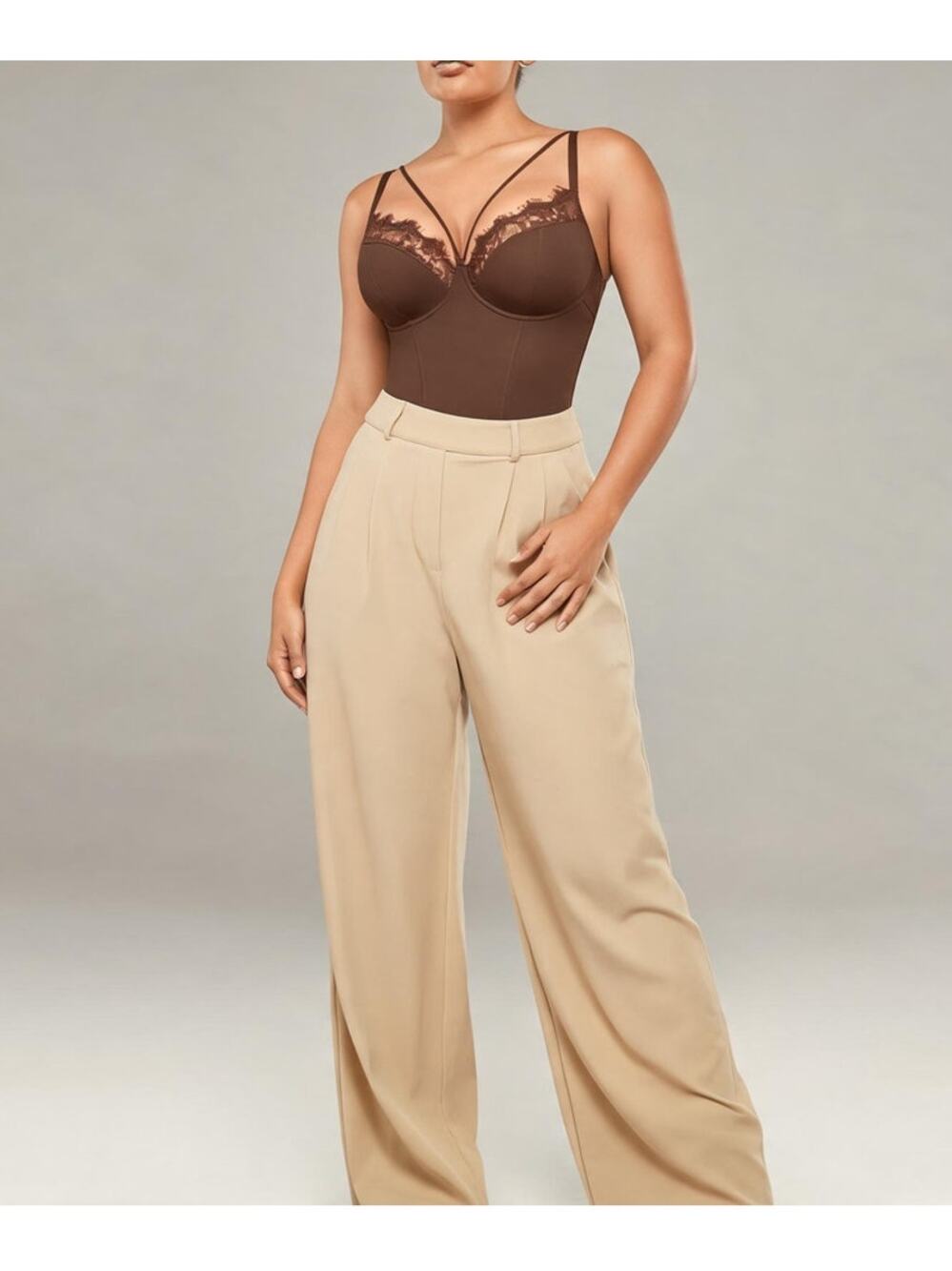 SHAPELLX Lace Bodysuit Shapewear Brown 3XL Plunge Lace Trim Bodysuit